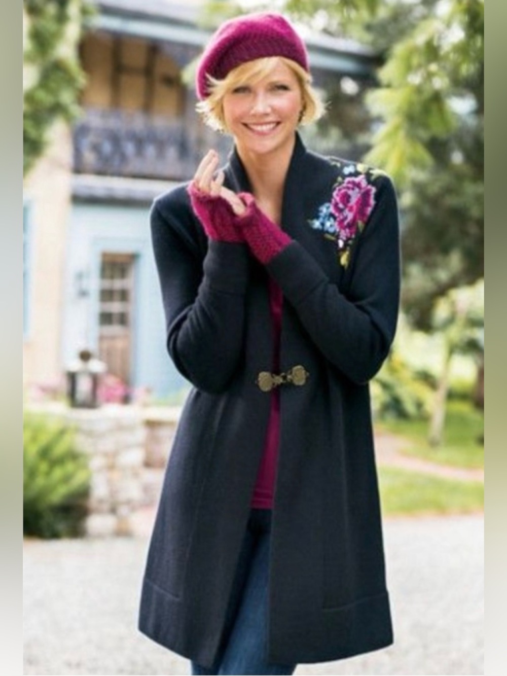 Soft Surroundings Okata Embroidered Cardigan Sweater Floral Clasp 3XL Long Wool